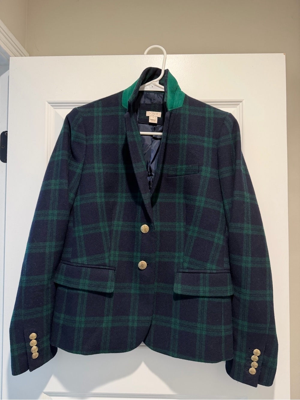 Jcrew Navy & Green Plaid Wool Blazer with Gold Buttons